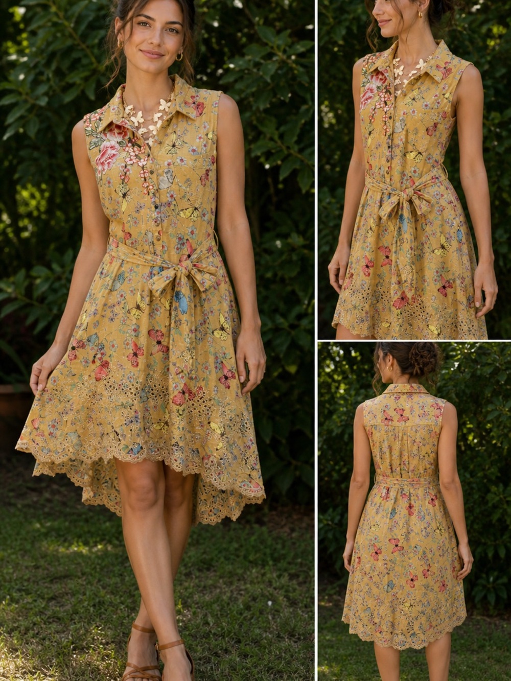 Aratta Silent journey Floral Embroidered Butterfly Print Eyelet Trim Dress Sz M